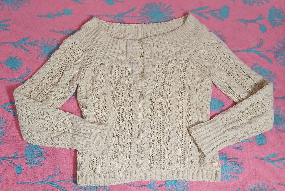 Vtg y2k American Eagle Womens Medium cable knit wool sweater cream off shoulder